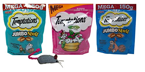 Temptations Mega Size Low Calorie Cat Treats 3 Flavor Variety with Toy Bundle, 1 Each: Tempting Tuna Jumbo Stuff, Blissful Catnip, Savory Salmon Jumbo Stuff (5.3-6.3 Ounces)