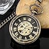Tiong Bronze uncovered Design Mechanical Roman Numerals Steampunk Pocket Watch Men's Watch with Chain and Box-Bronze #2