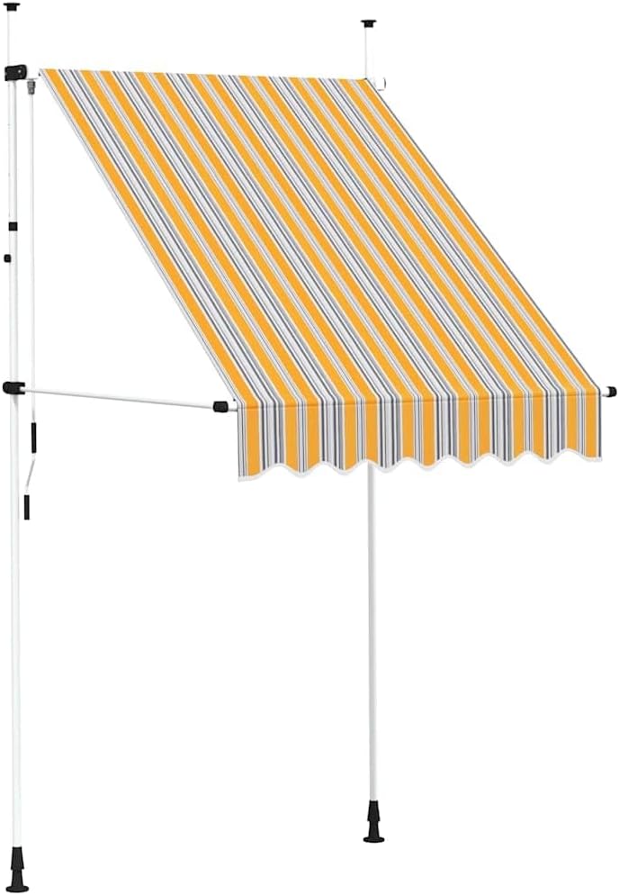 vidaXL Manual Retractable Awning 59" - Polyester, UV and Weather, Outdoor Patio Canopy, Easy to Clean, Yellow and Blue Stripes