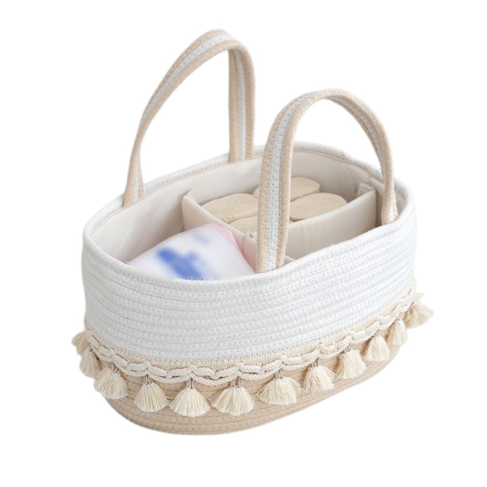 Aufbewahrungskorb Baumwollseil Gewebte Wickeltasche Wickel-Organizer | Baby-Wickeltasche Windelkorb Babykorb Tragbare Einkaufstasche Shopper mit 3 Schichten,Geschenktasche für Neugeborene,Khaki B
