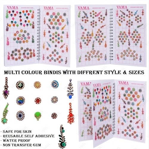 Image of VAMA Multicolor Mix Size Mix Designer Assorted Velvet Self-Adhesive Paper Cutting Golden Diamond Stone Round Long Sparkle Kumkum Bindi Book For Women, 17 Cm X 10 cms