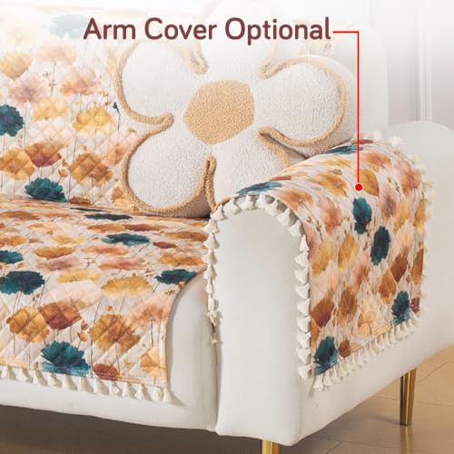 Image of HOKIPO Boho Wildflower Quilted Sofa Cover with Tassels 3 Seater for Seat & Back, (152x175 cm), 'Tassel Twigs' Series (IN-991-T11)