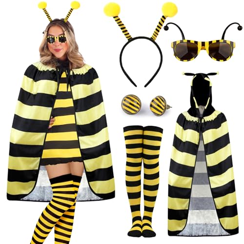 LEACCO Bienenkostüm Erwachsene Damen mit Bienen Umhang Haarreif Socken Brille Ohrringe Karneval Kostüm Biene Damen Bienen Kostüm Damen Biene Umhang Kleidung für Faschingskostüm Biene Damen Verkleidung
