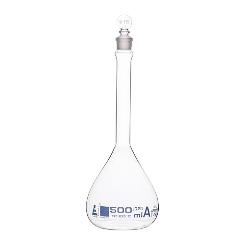 EISCO Frasco volumétrico, 16.9 fl oz - Clase A, ASTM - Tolerancia ±0.6.8 fl oz - Tapón de vidrio - Individual, graduación azul