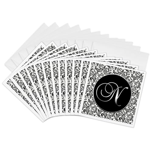 Carte de voeux lettre N motif damas noir et blanc de 15,2 cm lot de 12