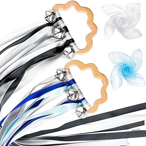 GROBRO7 Wind 2P Ribbon Hand Kite Toy, Including Blue&Grey Black&White Ribbon Wind Wand Toy Baby Sensory Toy Infants Wooden Toy Toddler Waldorf Toy Montessori Toy for Baby Shower Birthday Party Favor