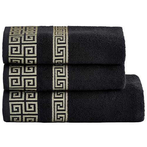 Jacob Bicerri Luxury 3 Piece Greek Key Towel Set - 1 Bath Towels, 2 Hand Towels, 100% Cotton Highly Absorbent Embroidered Bath Towel Set, Black Towel Set GR0101
