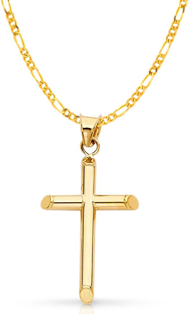 Ioka14K REAL Gold Polished Classic Cross Pendant with 1.9mm Solid Figaro 3+1 Chain Necklace For Women and Men - Various Sizes