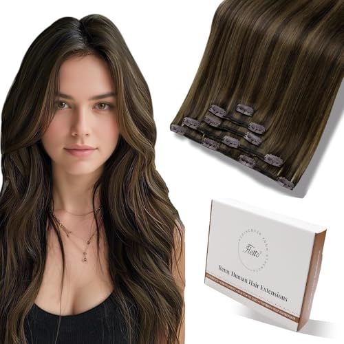 Hetto Clip in Hair Extension Real Human Hair Brown Clip in Extensions �l�� �_�[�N�u���E�� �n�C���C�g �u���E�� �w�A�N���b�v �G�N�X�e���V���� �����p �X�g���[�g 35.6 cm 5p