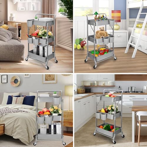 Shrivee Plegable Carrito Auxiliar con Ruedas 3 Niveles ExtraíBle Estrecho Carro de Almacenamiento para Cocina Baño Jardin (Gris) - imagen 7