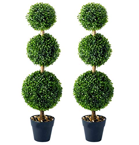 Garden Mile Treble Topiary Tree Ball Boxwood - Treble Bobble Faux Plants Artificial Plants and Pots - Artistic Round Ball Cut Garden Bush for Doorway, Porch or Decking (Pack of 2 80cm)