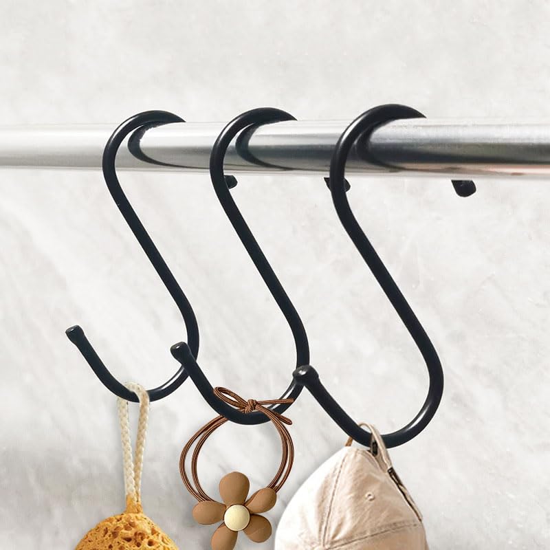 Stainless Steel S Hooks, Black Multi-Purpose Hanging Hooks for Rods, Strong and Durable, Ideal for Kitchen, Closet, and Home Use