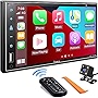 Double Din Car Stereo Compatible with Apple Carplay, 7 Inch Full HD Capacitive Touchscreen - Bluetooth, Mirror Link, Backup Camera, Steering Wheel, Subwoofer, USB/SD Port, A/V Input, FM/AM Car Radio