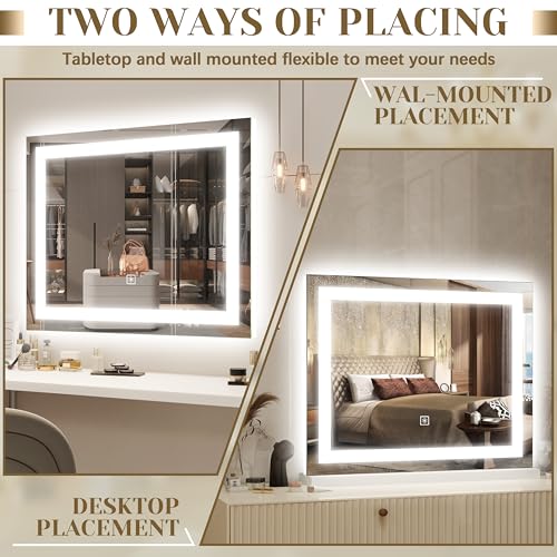 Image of ROLOVE 22x19 Inch Lighted Vanity Mirror, Large LED Makeup Mirror with 3 Color Modes, Dimmable Touch Control, Wall Mount & Tabletop, with Detachable 10X Magnification Mirror, White