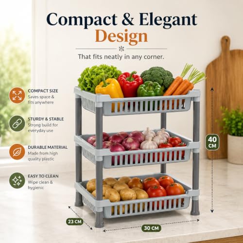 Image of Clazkit 3-Layer Kitchen Rack | Multipurpose Storage Organizer for Kitchen, Fruits & Vegetables, Bathroom & Utility Room | Durable Space-Saving Rack with 3 Spacious Shelves | Easy to Assemble