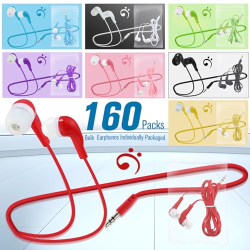 Image of Konohan 160 Packs Bulk Earbuds with Wire Earphones Classroom Wired Headphones for Students Headphones Individually Bagged, 8 Colors Ear Buds Bulk for Classroom School Library(Colorful)