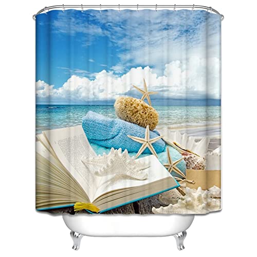 EHOMERY Tende per Finestra Doccia Tenda Bagno Vasca Libro, Crostacei, Stelle Marine Tenda da Doccia Ad Ombrello Tenda Bagno da Campeggio Polyester con 12 Anelli di Sospensione, 90X180Cm
