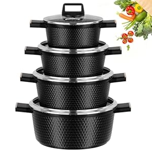 HOMELUX Topfset Induktion 8-teilig, 20/24/28/32cm Kochtopf Set mit Antihaftbeschichtet, Kochtöpfe Induktions für Alle Herdarten, PFOA/PFOS-frei, Facettenoptik & Schwarz