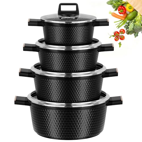 HOMELUX Topfset Induktion 8-teilig, 20/24/28/32cm Kochtopf Set mit Antihaftbeschichtet, Kochtöpfe Induktions für Alle Herdarten, PFOA/PFOS-frei, Facettenoptik & Schwarz