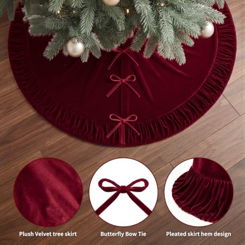 VEILS Large Christmas Tree Skirt, Velvet Burgundy Tree Skirts with Center Pleats and Plush Tie Closures for Christmas Party Favors Decor(60") - image 5