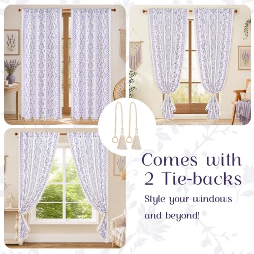 Image of Yinhua Boho Curtains for Living Room 84 Inch Length Vintage Linen Curtains for Bedroom Light Filtering Window Curtain Rod Pocket & Back Tabs Rustic Tassel Drapes with Tiebacks, White Purple