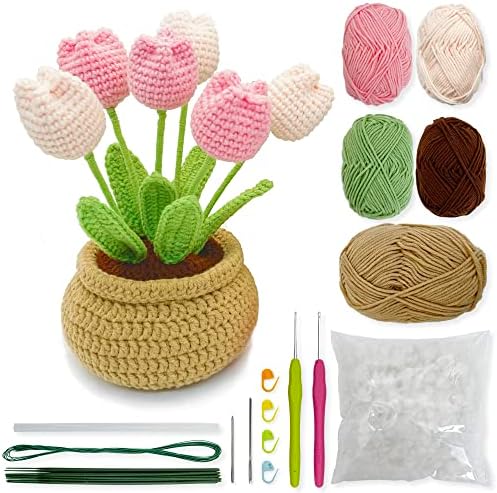 Lily's Lyric Flower Crochet Kit | Tulip Flowerpot | Step-by-Step Video Tutorial for Adults Teenagers | DIY Home Decoration Craft Gift Idea Pink