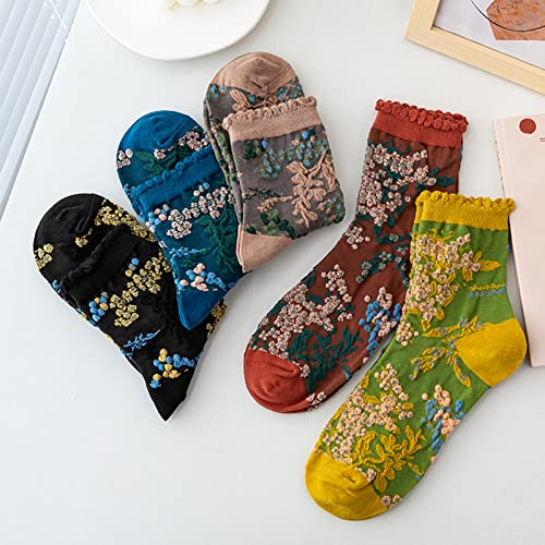 Image of DXYAKY 5 Pairs Womens Floral Cotton Socks Vintage Patterned Crew Socks Novelty Ankle Ruffled Warm Casual Dress Socks