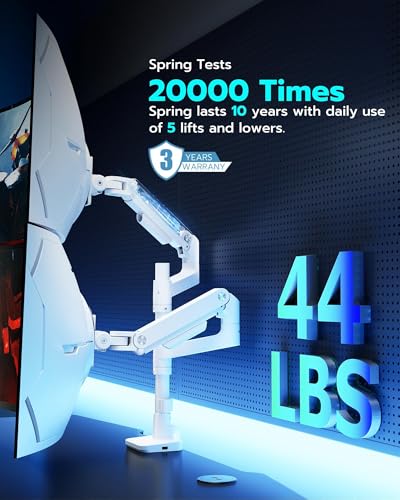 Image of ARES WING White Ultrawide Dual Monitor Mount with USB A /C for 17 to 49 Inch | Pro Gas Spring, Aluminum Material, Flexible Screen Layouts, for 75 /100 Vesa Mount, Hold 44lbs Each Arm, for Samsung Monitor