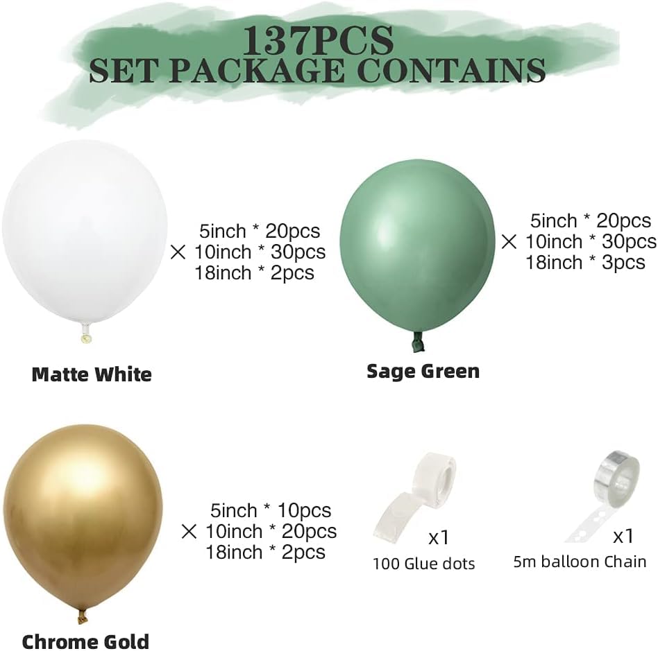 Image of AFTERLOON Biodegradable Natural Rubber Latex 138pcs Sage Green Different Sizes 18 inch 12 inch 10 inch 5 inch Plastic-Free Alternative Balloon Garland Arch Kit perfect for Decor, Graduation, Baby Shower, Wedding