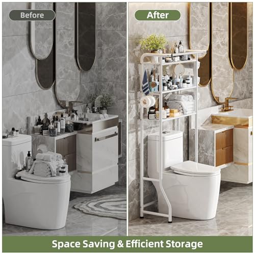 Image of Simple Trending 3 Tier Over The Toilet Storage Rack, Metal Bathroom Shelf, Bathroom Stand Organizer Space Saver with Paper Holder and Hooks, White