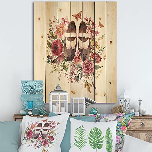 Image of DesignQ Vintage Oxford Shoes With Wildflowers Farmhouse Wood Wall Decor, White Wood Wall Art, Large Floral Wood Wall Panels Printed On Natural Pine Wood Art