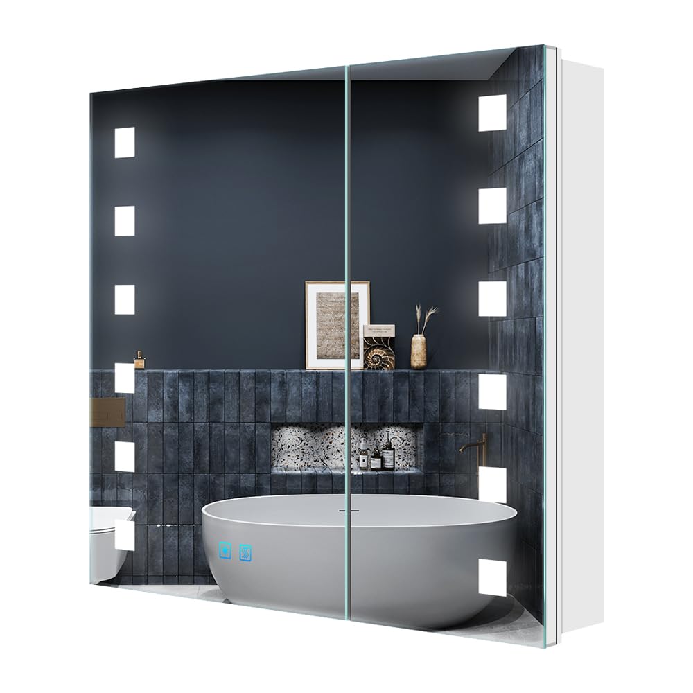 Quavikey® LED Bathroom Mirror Cabinet With Shaver Socket and Anti Fog Demister, 3-Color Dimmable Lighting for Makeup and Shaving, Overhead Interior Illuminated, White, Wall Mounted, 65 x 60cm