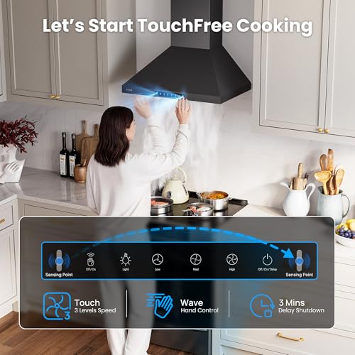 Image of VIKIO HOME Wall Mount 30 Inch Range Hood 900 CFM, Ductless /Ducted Convertible, 3-speed Gesture Sensing & Touch Control, Black Painted Stainless Steel Kitchen Vent Hood with Permanent Baffle Filters