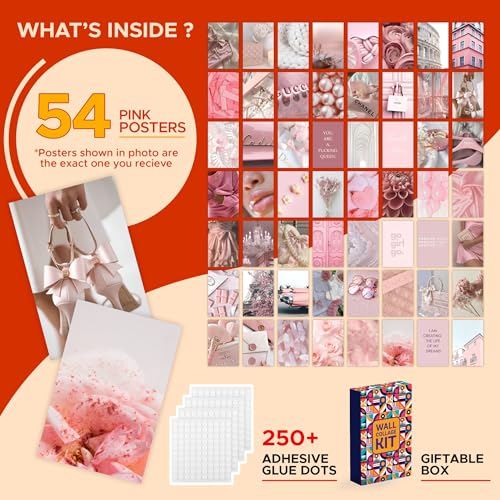 Image of CodersParadise Pink Aesthetic Wall Collage Kit - 54 Premium Thick Cardstock 4x6 Inch Posters for Cute Bedroom, Living Room & Office Decor with Adhesive Glue Dots Included