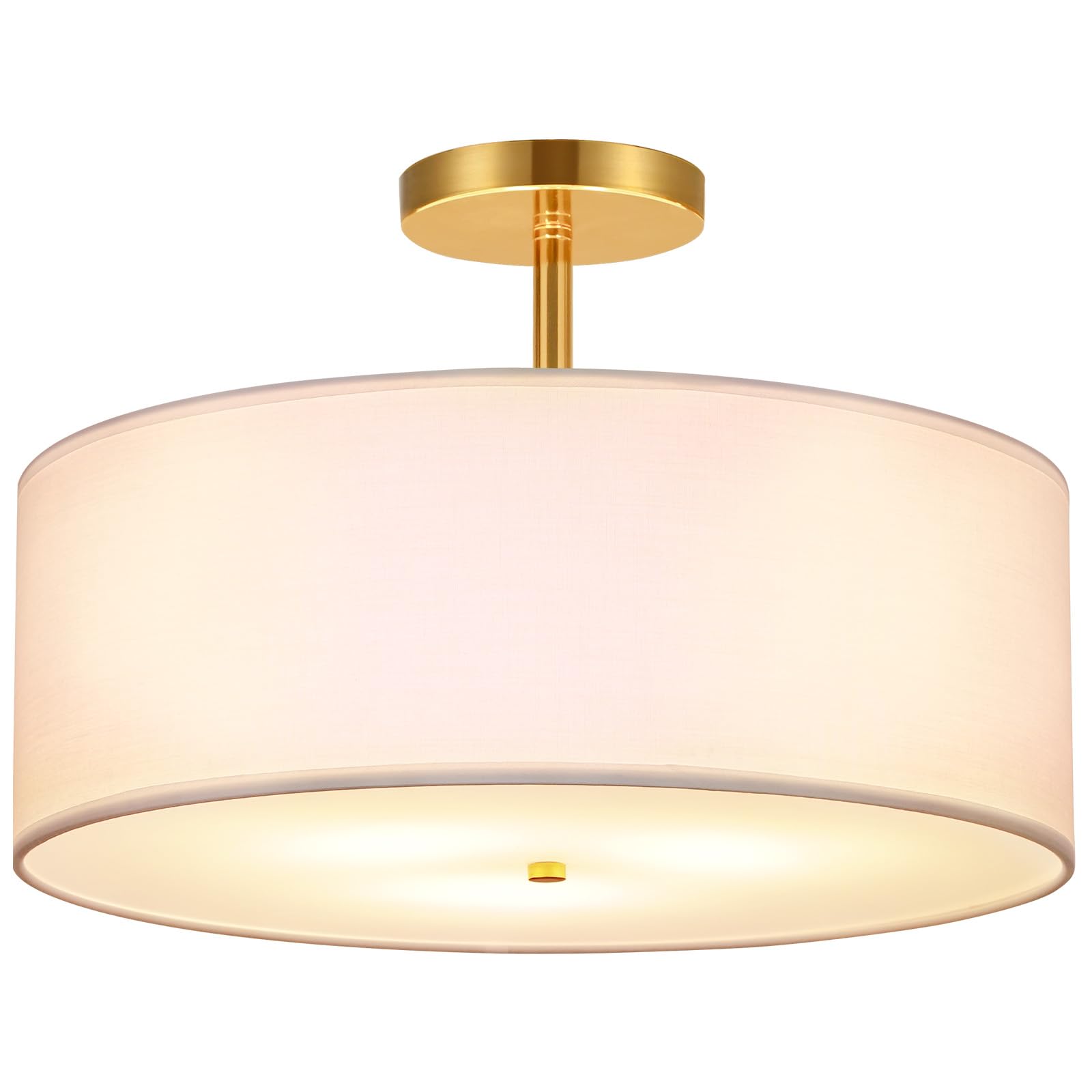 FRIDEKO HOME 3-Light Semi Flush Mount Ceiling Light Fixture, 15.74" Gold Drum Light, Modern Close to Ceiling Light with White Fabric Shade Lamps for Bedroom Living Room Kitchen Hallway Entryway Foyer
