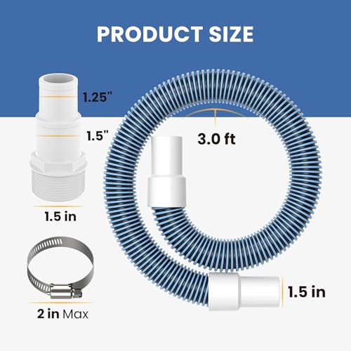 Tuyau d'aspiration de piscine étanche de 3.8 cm avec adaptateur universel et colliers de serrage