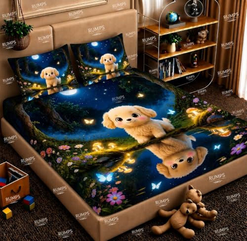 Image of RUMPS 3D Digital Printed Double Bedsheet Flat | Premium Knitted Cotton MicroFabric 90x100 Inch Bed Sheet with 2 Pillow Covers, Cute Cartoon Blue Bird (7D Digital Muti02)
