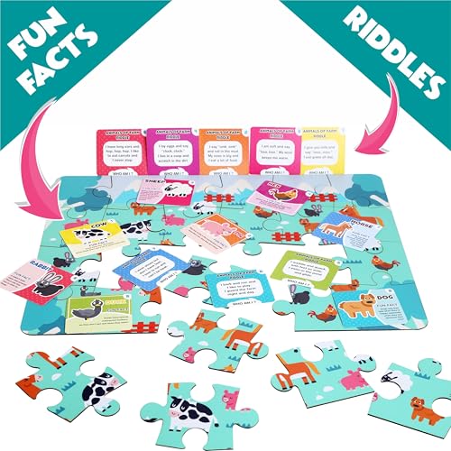 Image of Farm Animal Floor Puzzle | Wooden Jigsaw Puzzle for Kids | Fun Facts Animal Puzzles, Educational Toys, Gifts for Boys & Girls Ages 4+ Years (28 Pieces)| Puzzle and Scrabble Game for Kids