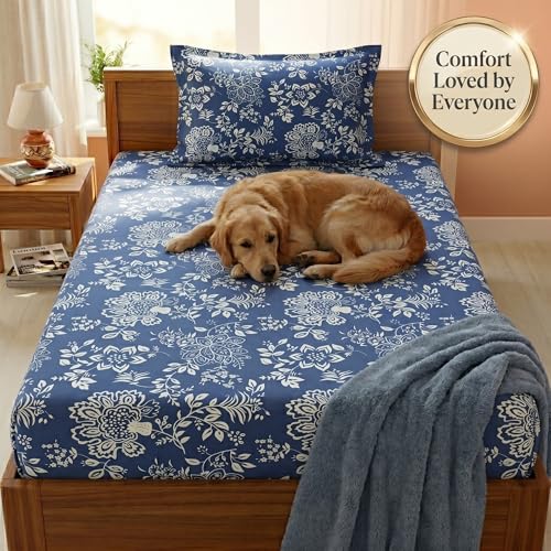 Image of Mafatlal 125 GSM Merino Single Size Bedsheet with Pillow Cover | 90 x 60 Inches | Soft, Breathable & Lightweight | Blue