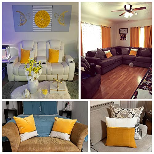 Image of Fancy Homi 2 Packs Decorative Throw Pillow Covers 12x20 Inch for Living Room Couch Bed, Yellow and White Velvet Patchwork with Gold Leather, Luxury Modern Home Decor, Lumbar Cushion Case 30x50 cm
