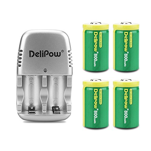 Delipow CR2 Rechargeable Batteries, 3-Volt, 800mAh, Lithium, MSDS Approved, Pre-Charged Photo Camera Battery (4-Pack + Charger)