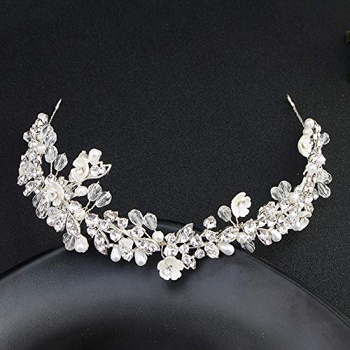 FIDDY898 Artificial Flower Wedding Headband Crystals Rhinestones Bridal Hair Vine Silver Headwear for Photo Prop