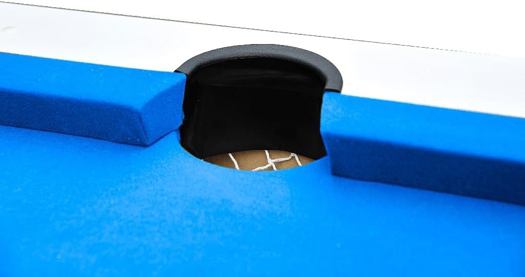 Close-up of a corner pocket on the Vente-unique Snooker Billiard Table, showing the blue felt and black pocket lining.