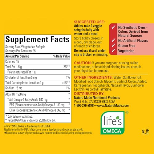 Nature Made Algae 540 mg Omega 3 Supplement, Alternative to Omega 3 Fish Oil Supplements, 70 Veggie Softgels, Sustainable, Plant-Based, for Healthy Heart, Brain, and Eye Support - Image 6