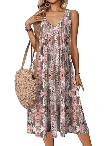 Image of Zeagoo Women Summer Casual Dresses 2026 Sleeveless Midi Pleated Tank Sundress with Pockets V Neck A Line Swing Tshirt Dress