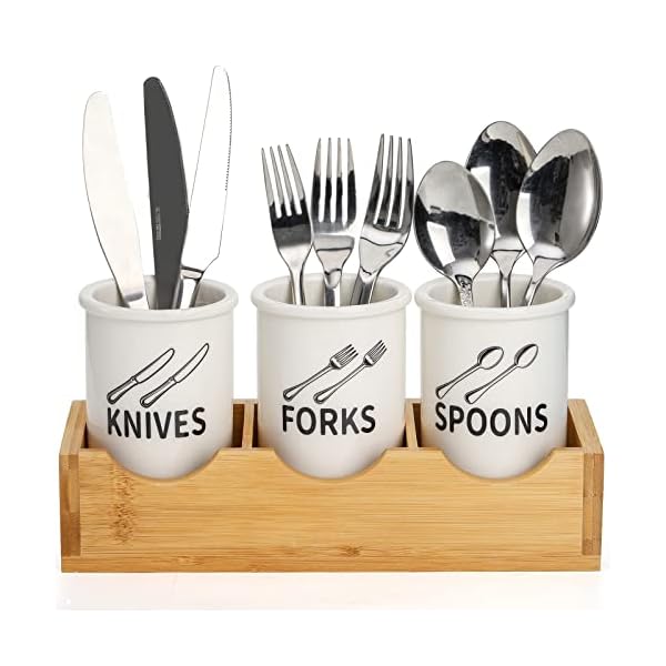 Nicunom Set of 3 Ceramic Flatware Caddy with Bamboo Wood Base, Kitchen Utensil Holder Silverware Organizer for Spoons, Knives and Fork, Farmhouse Decor Kitchen Tool Crocks for Countertop