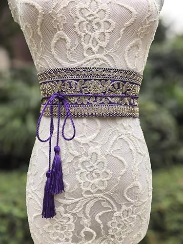 FANFAN Mexican Embroidered Belt for Women Ethnic Gold Belt Line Royal Blue Purple Adjustable Belt Boho Tassel Belt Wedding E53