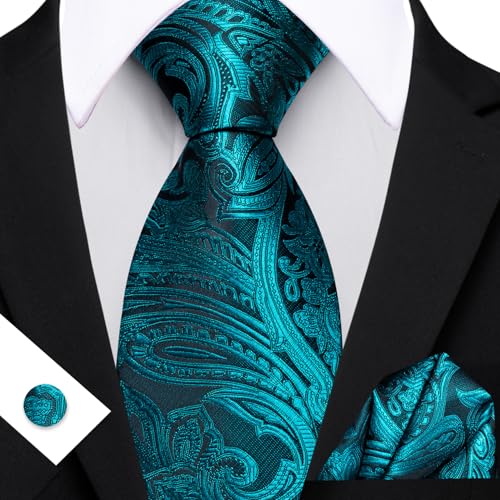 Image of Barry.Wang Men Tie Set Paisley Silk Necktie Pocket Square Cufflinks Formal Wedding Business Party