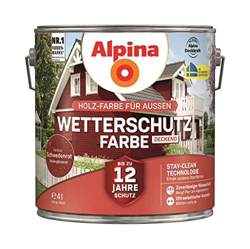 Alpina Holz-Wetterschutz-Farben – Schwedenrot, deckend – bis zu 12 Jahre Schutz vor Witterung und Nässe – schmutzabweisend, deckend & ergiebig – 4 Liter