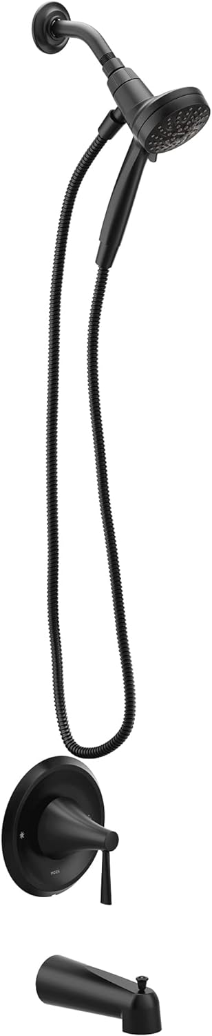 Moen Ronan Matte Black Single Handle Modern Tub and Shower Faucet Set with Magnetix Detachable Showerhead, Shower Handle, and Tub Spout, Valve Included, 82021BL